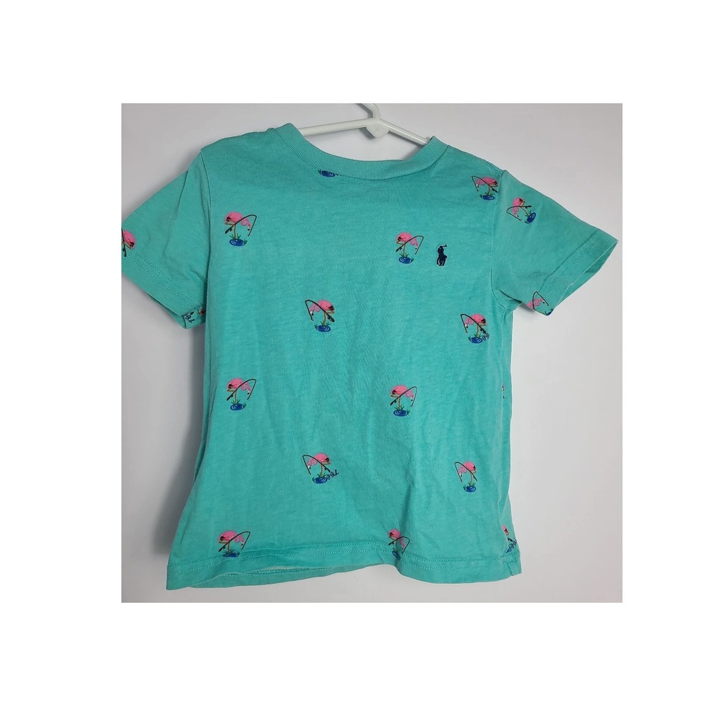 Polo Ralph Lauren 4T Toddler Boys Flamingo Fishing Print T Shirt Aqua Blue Tee